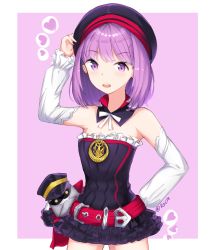 Rule 34 | 1girl, arm up, bare shoulders, belt, belt buckle, beret, black collar, black dress, black hat, blush, buckle, collar, commentary, detached collar, detached sleeves, dress, fate/grand order, fate (series), hand on headwear, hand on own hip, hat, heart, helena blavatsky (fate), long sleeves, looking at viewer, open mouth, peaked cap, pink background, puffy long sleeves, puffy sleeves, purple eyes, purple hair, red belt, rocm (nkkf3785), salute, sefirot, solo, strapless, strapless dress, teeth, twitter username, two-tone background, upper teeth only, white background