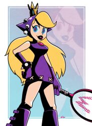 Rule 34 | 1girl, absurdres, black lips, blonde hair, blue eyes, boots, breasts, dress, hand on own hip, highres, holding tennis racket, knee boots, lipstick, long hair, looking at viewer, makeup, mario (series), mario power tennis, mario tennis, medium breasts, nintendo, purple dress, roboticsteve, solo, warupeach