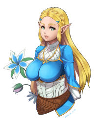 Rule 34 | 1girl, arms behind back, blonde hair, blue shirt, braid, breasts, crop top, crown braid, dated, eyebrows, eyelashes, flower, gold trim, green eyes, hair ornament, hairclip, hero (do-belman), highres, impossible clothes, impossible shirt, large breasts, lips, long hair, looking at viewer, nintendo, nose, open mouth, parted bangs, pink lips, pointy ears, princess zelda, shirt, sidelocks, silent princess, simple background, single braid, solo, straight hair, teeth, the legend of zelda, the legend of zelda: breath of the wild, thick eyebrows, turtleneck, upper body, white background, white shirt, wide sleeves