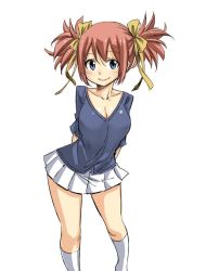Rule 34 | 1girl, arms behind back, blue eyes, blue shirt, bow, breasts, cleavage, cold, collarbone, fairy tail, hair between eyes, hair bow, kneehighs, large breasts, long hair, mashima hiro, miniskirt, official art, pleated skirt, red hair, sheria blendy, shirt, short sleeves, simple background, sketch, skirt, smile, socks, standing, twintails, white background, white skirt, white socks, yellow bow