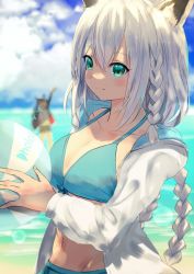Rule 34 | 2girls, absurdres, alternate hairstyle, animal ear fluff, animal ears, aqua eyes, azur lane, ball, beach, beachball, bikini, black hair, blue bikini, blue sky, blurry, blurry background, blush, braid, breasts, cleavage, closed mouth, cloud, cloudy sky, commentary request, copyright name, cowboy shot, day, depth of field, fox ears, groin, hair between eyes, highres, holding, holding ball, holding beachball, hololive, hood, hoodie, huge filesize, jacket, large breasts, lens flare, logo, long hair, looking at viewer, midriff, misaki nonaka, multiple girls, navel, ocean, ookami mio, open clothes, open jacket, outdoors, shirakami fubuki, shirakami fubuki (hololive summer 2019), side braid, silver hair, sky, smile, solo focus, swimsuit, virtual youtuber, waving, white hoodie