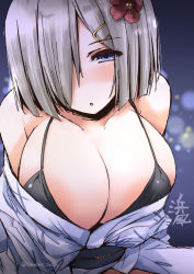 Rule 34 | 10s, 1girl, :o, bare shoulders, bikini, bikini top only, black bikini, blue eyes, blush, breasts, cleavage, flower, furisode, hair flower, hair ornament, hair over one eye, hairclip, hamakaze (kancolle), huge breasts, japanese clothes, kantai collection, kimono, large breasts, leaning forward, looking at viewer, open clothes, parted lips, shinshin, silver hair, solo, swimsuit, twitter username, upper body
