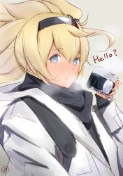 Rule 34 | 1girl, blonde hair, breath, camera, coat, commentary request, gambier bay (kancolle), green background, grey scarf, hair between eyes, hairband, hazuki futahi, holding, holding camera, kantai collection, ponytail, scarf, sidelocks, solo, twintails, upper body, white coat