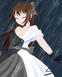 Rule 34 | 1girl, absurdres, artist name, artist request, back bow, bare shoulders, belt, black dress, black gloves, black skirt, blush, bow, bow hairband, breasts, brooch, brown hair, buttons, choker, cleavage, cloud, collarbone, diamond (gemstone), dress, drop earrings, earrings, evening gown, closed eyes, female focus, gloves, grey belt, grey bow, grey skirt, hair between eyes, hair bow, hairband, half updo, high ponytail, highres, jewelry, lace, lace gloves, long hair, looking at viewer, love live!, love live! nijigasaki high school idol club, love live! school idol festival, miniskirt, multicolored clothes, multicolored dress, night, night sky, off-shoulder dress, off shoulder, osaka shizuku, outdoors, outstretched arms, parted lips, pink lips, plaid, plaid dress, plaid skirt, pleated, pleated dress, pleated skirt, ponytail, rain, skirt, sky, sleeveless, sleeveless dress, small breasts, smile, solitude rain (love live!), solo, two-tone dress, wet, wet clothes, wet dress, wet hair, white bow, white choker, white dress, white skirt