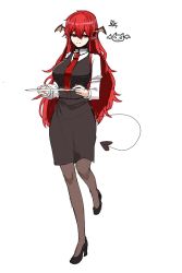 Rule 34 | 1girl, bobby36446329, demon tail, high heels, highres, koakuma, long hair, long sleeves, looking at viewer, necktie, pantyhose, pencil skirt, red eyes, red hair, shirt, skirt, solo, standing, standing on one leg, tail, touhou, vest