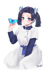 Rule 34 | 1girl, between legs, black hair, blue eyes, blue hair, blush, bug, butterfly, butterfly hair ornament, butterfly on hand, hair intakes, hair ornament, hand between legs, highres, insect, kanzaki aoi (kimetsu no yaiba), kimetsu no yaiba, long sleeves, looking at viewer, parted lips, saburou 03, simple background, solo, square pupils, twintails, white background