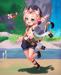 Rule 34 | 1girl, :d, absurdres, animal ear fluff, animal ears, animal print, arm up, armpits, bag, bangs pinned back, belt, black footwear, black shorts, cat ears, cat girl, cat print, cat tail, commentary, detached sleeves, diona (genshin impact), fish, fishing, fishing rod, forehead, genshin impact, gloves, green eyes, hat, highres, holding, holding fishing rod, loentar, looking at viewer, navel, open mouth, paw print, paw print palms, pink hair, puffy detached sleeves, puffy shorts, puffy sleeves, river, short hair, shorts, sidelocks, smile, solo, standing, standing on one leg, tail, thick eyebrows, water, waterfall, white gloves