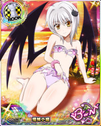 Rule 34 | 1girl, arm support, barefoot, beach, bikini, blush, card (medium), cat hair ornament, character name, chess piece, closed mouth, demon wings, covered erect nipples, flat chest, flower, hair ornament, high school dxd, high school dxd born, looking at viewer, navel, ocean, official art, rook (chess), short hair, silver hair, sitting, smile, solo, sunset, swimsuit, torn bikini, torn clothes, toujou koneko, trading card, water, wings, yellow eyes