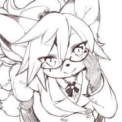 Rule 34 | 1girl, animal ears, concon-collector, fox ears, fox tail, furry, furry female, glasses, hand on own hip, kishibe, looking at viewer, monochrome, multiple tails, simple background, smile, solo, tail, white background