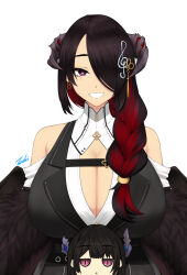Rule 34 | 2girls, artist name, bare shoulders, belt, black dress, black hair, braid, breasts, bright pupils, chest strap, chibi, cleavage, collar, collared dress, colored inner hair, demon girl, demon horns, dress, earrings, feathered wings, fortissimo, french braid, grin, hair ornament, hair over one eye, hair over shoulder, highres, hololive, hololive english, horns, huge breasts, jewelry, long hair, looking at viewer, low wings, mamarissa ravencroft, mature female, mole, mole under eye, multicolored hair, multiple girls, musical note, musical note hair ornament, nerissa ravencroft, purple eyes, red eyes, red hair, ryu seung, shirt, simple background, slit pupils, smile, solo focus, treble clef, two-tone hair, virtual youtuber, white background, white collar, white pupils, white shirt, wings