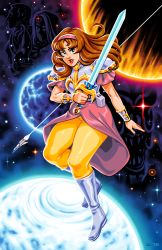Rule 34 | 1girl, alisa landeel, armor, blue eyes, bracelet, brown hair, character request, commentary, dress, english commentary, grey footwear, hairband, holding, holding sword, holding weapon, jewelry, jorge m velez, long hair, pants, parted lips, phantasy star, pink dress, pink hairband, planet, silhouette, space, standing, sword, weapon, yellow pants