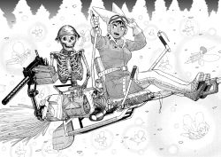 Rule 34 | 1girl, bag, boots, broom, broom riding, dark-skinned female, dark skin, earmuffs, fairy, from side, gloves, goggles, goggles on headwear, greyscale, gun, hands up, hat, helmet, highres, jumpsuit, machine gun, making-of available, monochrome, open mouth, original, skeleton, solo focus, thigh boots, thighhighs, weapon, witch, y naf