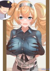 Rule 34 | 1girl, absurdres, admiral (kancolle), blonde hair, blue eyes, blue shirt, blush, body switch, breast pocket, breasts, commission, dangan kurabu, gambier bay (kancolle), gloves, grabbing own breast, hair between eyes, hairband, high side ponytail, highres, kantai collection, large breasts, long hair, mirror, multicolored clothes, multicolored gloves, open mouth, personality switch, pocket, shirt, short sleeves, signature, skeb commission, solo, twintails