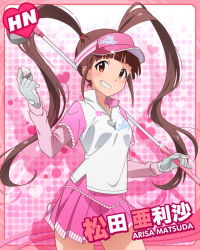 Rule 34 | 10s, :d, ball, blush, brown eyes, brown hair, character name, golf, golf ball, golf club, grin, holding golf ball, idolmaster, idolmaster million live!, looking at viewer, matsuda arisa, official art, open mouth, skirt, smile, solo, twintails, visor cap