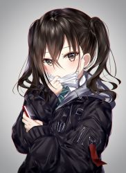 Rule 34 | 1girl, absurdres, black jacket, blush, brown eyes, brown hair, cellphone, collared shirt, commentary request, covered mouth, diagonal-striped neckwear, gradient background, green necktie, grey background, hair between eyes, highres, holding, holding phone, huge filesize, idolmaster, idolmaster cinderella girls, jacket, junpaku karen, long hair, long sleeves, looking at viewer, mask, mask pull, mole, mole under eye, mouth mask, necktie, phone, pulling own clothes, shirt, sleeves past wrists, solo, striped necktie, striped neckwear, sunazuka akira, surgical mask, twintails, upper body, white shirt