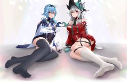 Rule 34 | 2girls, arknights, arm support, black hairband, black leotard, black thighhighs, blue gloves, blue hair, blue necktie, bm (bm364364), breasts, brown eyes, chinese commentary, clothing cutout, commentary request, dress, eula (genshin impact), feet, foreshortening, genshin impact, gloves, grey background, hair between eyes, hairband, heart, heart hands, heart hands duo, highres, large breasts, legs, leotard, long hair, lying, medium hair, multiple girls, navel cutout, necktie, no shoes, on side, red dress, red eyes, satou rina, shadow, short shorts, shorts, skadi (arknights), skadi the corrupting heart (arknights), socks, soles, thighhighs, thighs, toes, twitter username, voice actor connection, white gloves, white socks