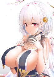 Rule 34 | 1girl, alternate costume, azur lane, black dress, branch, breasts, cherry blossoms, dress, eyelashes, gloves, grey background, hair between eyes, hair ornament, half gloves, hands up, highres, lips, looking at viewer, no bra, parted lips, petals, red eyes, revealing clothes, short hair, sirius (azur lane), sirius (azure horizons) (azur lane), solo, upper body, white background, white gloves, white hair, xiaodi