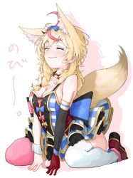 Rule 34 | 1girl, 9tk9m, ahoge, animal ear fluff, animal ears, asymmetrical legwear, back bow, black gloves, black hair, blonde hair, blue bow, blue skirt, blush, bow, bow skirt, bowtie, bright pupils, buttons, closed eyes, closed mouth, commentary, detached collar, elbow gloves, fox ears, fox girl, fox tail, full body, gloves, hair bow, hair over shoulder, hashtag-only commentary, highres, hololive, layered skirt, long hair, miniskirt, mismatched legwear, multicolored clothes, multicolored gloves, multicolored hair, omaru polka, omaru polka (1st costume), pink hair, pink thighhighs, red bow, red bowtie, red footwear, red gloves, shirt, shoes, simple background, single elbow glove, single glove, sitting, skirt, sleeveless, sleeveless shirt, smile, solo, streaked hair, striped clothes, striped skirt, tail, thighhighs, traditional bowtie, translation request, vertical-striped clothes, vertical-striped skirt, virtual youtuber, wariza, white pupils, white thighhighs