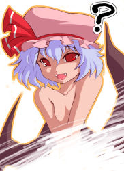 Rule 34 | 1girl, ?, blue hair, completely nude, fangs, female focus, flat chest, hat, noise (lesion949), nude, pink hat, red eyes, remilia scarlet, solo, touhou, wings