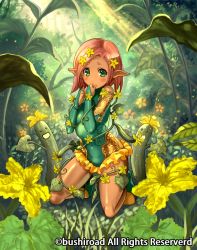 Rule 34 | 1girl, ankle boots, arms up, bare shoulders, blurry, blush stickers, bodysuit, boots, breasts, bridal gauntlets, cardfight!! vanguard, clenched hands, company name, covered navel, cucumber, dark-skinned female, dark skin, day, depth of field, embarrassed, flower, forest, frills, full body, green eyes, green footwear, grin, hair flower, hair ornament, hairclip, halterneck, hand to own mouth, hands up, happy, i-la, kneeling, leaf, leotard, light particles, light rays, long pointy ears, looking at viewer, maiden of cucumber, nature, official art, on ground, outdoors, outstretched arms, own hands together, pink hair, plant, pointy ears, short eyebrows, short hair, sitting, skin tight, small breasts, smile, solo, spread legs, straight hair, sunbeam, sunlight, swept bangs, thighs, tree, turtleneck, vines, yellow flower