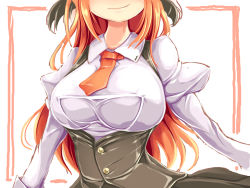 Rule 34 | 1girl, adapted costume, breasts, covered erect nipples, female focus, head out of frame, hidden eyes, ichirino minagi, koakuma, large breasts, long hair, necktie, red hair, smile, solo, touhou