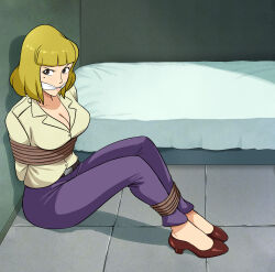 Rule 34 | absurdres, arms behind back, bdsm, blonde hair, bondage, bound, bound ankles, bound arms, breasts, brown eyes, cleavage, cleave gag, cloth gag, gag, gagged, high heels, highres, improvised gag, large breasts, lost one zero, lupin iii, mine fujiko, mole
