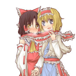 Rule 34 | 2girls, alice margatroid, blush, breath, dress, female focus, hakurei reimu, holding hands, interlocked fingers, multiple girls, natsuk, open mouth, own hands together, perfect cherry blossom, scarf, shared clothes, shared scarf, simple background, smile, touhou, white background