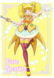 Rule 34 | 1girl, aqua eyes, arm up, blunt bangs, blush, bubble skirt, character name, choker, coattails, commentary, cone hair bun, cure sparkle, earrings, english text, full body, gloves, hair bun, hair ornament, healin&#039; good precure, healing animal, healing wand, heart, heart hair ornament, highres, hiramitsu hinata, holding, holding wand, jewelry, kaatsu katsurou, leg up, looking at viewer, magical girl, medium hair, miniskirt, nyatoran (precure), one eye closed, open mouth, pom pom (clothes), pom pom earrings, precure, red thighhighs, skirt, smile, solo, standing, standing on one leg, thighhighs, twintails, v, vest, wand, white gloves, yellow background, yellow choker, yellow footwear, yellow vest