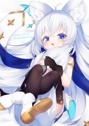 Rule 34 | 1girl, ahoge, animal ear fluff, animal ears, black shorts, black thighhighs, blue eyes, blue scarf, boots, commentary request, copyright request, crossed legs, ear piercing, fingerless gloves, fur-trimmed shorts, fur trim, gloves, hair between eyes, highres, hugging own tail, hugging tail, kokone (coconeeeco), long hair, open mouth, piercing, scarf, shoe soles, short shorts, shorts, silver hair, solo, tail, thighhighs, thighhighs under boots, translation request, very long hair, virtual youtuber, white footwear