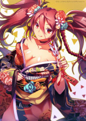 Rule 34 | 1girl, antares (starly girls), arrow (projectile), bare shoulders, bell, braid, breasts, brown hair, cleavage, floral print, flower, fromchawen, hair flower, hair ornament, highres, japanese clothes, jingle bell, large breasts, licking lips, long hair, looking at viewer, nail polish, new year, pink nails, red eyes, smile, solo, standing, starly girls, tongue, tongue out, twintails, upper body, watermark, web address