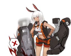 Rule 34 | 1girl, absurdres, animal ears, ballistic shield, blood, crop top, crop top overhang, dark-skinned female, dark skin, girls&#039; frontline, gun, hand on own chin, hand on own hip, highres, inxst, mechanical arms, midriff, ns2000 (girls&#039; frontline), rabbit ears, red eyes, shield, shield module, short shorts, shorts, shotgun, shotgun shell, silver hair, simple background, smile, solo, speech bubble, weapon, white background
