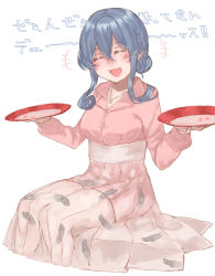 Rule 34 | +++, 1girl, ^ ^, alcohol, alternate costume, az toride, blue hair, blush, breasts, buttons, closed eyes, cup, drunk, gotland (kancolle), hair between eyes, highres, holding, holding cup, jewelry, kantai collection, long hair, long sleeves, medium breasts, mole, mole under eye, necklace, open mouth, pink shirt, pleated skirt, sakazuki, sake, shirt, simple background, skirt, smile, solo, white background, white skirt