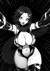 Rule 34 | 1girl, arm strap, armpits, artist name, brassica, breasts, center opening, cleavage, commission, cowboy shot, detached sleeves, greyscale, indie virtual youtuber, large breasts, leotard, monochrome, navel, nipples, orca tsukii, short eyebrows, short hair, solo, tail, thick eyelashes, thighhighs, tongue, tongue out, torn clothes, torn leotard, torn thighhighs, virtual youtuber