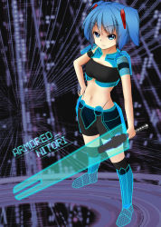 Rule 34 | &gt;:(, 1girl, alternate costume, armband, black shorts, black thighhighs, blue eyes, blue hair, breasts, character name, collarbone, crop top, english text, frown, groin, hair ornament, highres, kawashiro nitori, looking at viewer, matching hair/eyes, midriff, navel, pokio, short hair, short twintails, shorts, small breasts, solo, sword, thighhighs, touhou, tsurime, twintails, two side up, v-shaped eyebrows, weapon