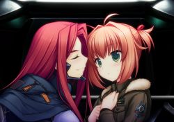 Rule 34 | 2girls, artist request, blue jacket, blush, brown jacket, closed eyes, fang, fang out, fortified suit, fur trim, game cg, green eyes, hair intakes, highres, jacket, jacket on shoulders, long hair, miono shizuku, multiple girls, muv-luv, muv-luv alternative, muv-luv unlimited: the day after, official art, oogami ritsuko, pilot suit, pink hair, red hair, short hair, smelling, smile, two side up