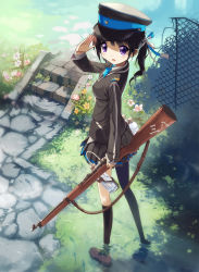 1girl black_hair bolt_action bottle bow day female_focus fence fish flower from_above gun gun_sling hair_ribbon hand_up hat highres holding kankurou loafers looking_at_viewer open_mouth original pantyhose partially_submerged path peaked_cap pleated_skirt purple_eyes ribbon ripples road shoes skirt sky solo standing tube twintails uniform wading water water_bottle water_gun weapon