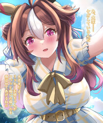 Rule 34 | 1girl, ahoge, animal ears, belt, blush, breasts, brown hair, cloud, commentary request, copano rickey (umamusume), double bun, fang, hair between eyes, hair bun, hair ornament, horse ears, horse girl, horse tail, large breasts, liukensama, looking at viewer, open mouth, pov, purple eyes, sky, solo, tail, translation request, umamusume
