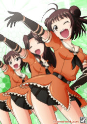 Rule 34 | 10s, 3girls, :d, ;d, ^ ^, antenna hair, belt, black gloves, black neckerchief, black skirt, blush, breasts, brown eyes, brown hair, closed eyes, double bun, elbow gloves, frills, gloves, hair bun, hair intakes, half updo, harada shoutarou, jintsuu (kancolle), kantai collection, long hair, multiple girls, naka (kancolle), neckerchief, one eye closed, open mouth, outstretched arm, school uniform, sendai (kancolle), serafuku, short sleeves, skirt, small breasts, smile, twitter username, two side up