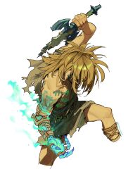Rule 34 | 1boy, archaic set (zelda), blonde hair, broken, broken sword, broken weapon, cropped legs, earrings, edpan, glowing, highres, holding, holding sword, holding weapon, jewelry, link, long hair, male focus, master sword, nintendo, pointy ears, ring, shoulder tattoo, simple background, single bare shoulder, solo, sword, tattoo, the legend of zelda, the legend of zelda: tears of the kingdom, torn tunic, tunic, weapon, white background