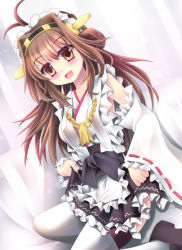 Rule 34 | 10s, 1girl, alternate costume, alternate legwear, apron, bare shoulders, blush, breasts, brown eyes, brown hair, detached sleeves, double bun, enmaided, hair bun, hair ornament, hairband, headgear, japanese clothes, kantai collection, kongou (kancolle), long hair, maid, maid apron, nontraditional miko, personification, skf, skirt, smile, solo, thighhighs, wa maid, white thighhighs