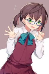 Rule 34 | 10s, 1girl, blouse, blue-framed eyewear, blush, bow, bowtie, brown hair, dress, flying sweatdrops, glasses, green eyes, hair ornament, hairclip, hiiragi souren, kantai collection, long sleeves, looking away, multicolored hair, okinami (kancolle), open mouth, pink hair, ribbon, school uniform, shirt, short hair, simple background, sleeveless, sleeveless dress, solo, two-tone background, white shirt