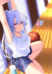 Rule 34 | 1girl, :o, alternate costume, alternate hairstyle, arms up, backlighting, ball, basketball (object), blue hair, blue shorts, blurry, blush, braid, breasts, collarbone, commentary, commission, crossed bangs, crown braid, day, depth of field, eyes visible through hair, gym uniform, hair between eyes, highres, indian style, indoors, jitome, knees out of frame, kyamiuu, large breasts, lens flare, long hair, looking at viewer, open mouth, perspective, ponytail, red eyes, shirt, short sleeves, shorts, sitting, skeb commission, solo, sorakado ao, straight hair, stretching, summer pockets, symbol-only commentary, thighs, upturned eyes, very long hair, white shirt, window