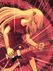 Rule 34 | 1girl, absurdres, black shirt, blue eyes, bocchi the rock!, closed mouth, cube hair ornament, electric guitar, gibson les paul, gotoh hitori, grey skirt, guitar, hair between eyes, hair ornament, highres, instrument, long hair, music, nervous sweating, pappet3104518, pink hair, playing instrument, pleated skirt, shirt, short sleeves, skirt, solo, sweat, very sweaty