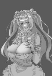 Rule 34 | 1girl, absurdres, antenna hair, apron, arm cuffs, ascot, blush, breasts, button gap, chest strap, clothes writing, deep skin, detached collar, double bun, frills, gloves, goddess of victory: nikke, grey background, greyscale, hair bun, hands on own chest, heart antenna hair, highres, hii (motorholic), huge breasts, long hair, maid, maid apron, maid headdress, mole, mole on breast, monochrome, open mouth, pleated skirt, simple background, skirt, sleeveless, soda (nikke), solo, teeth, upper teeth only