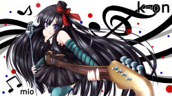 Rule 34 | 00s, 1girl, akiyama mio, bad id, bad pixiv id, bass guitar, black hair, blue eyes, don&#039;t say &quot;lazy&quot;, dress, fingerless gloves, gloves, guitar, hat, highres, instrument, k-on!, long hair, microphone, microphone stand, mikan (5555), mini hat, mini top hat, solo, striped, thighhighs, top hat