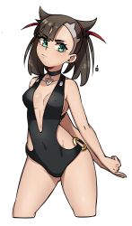 Rule 34 | 1girl, absurdres, alternate costume, asymmetrical bangs, bare arms, black choker, black one-piece swimsuit, blush, breasts, brown hair, choker, closed mouth, collarbone, commentary, covered erect nipples, covered navel, creatures (company), english commentary, eyelashes, game freak, green eyes, hair ribbon, highres, index fingers raised, marnie (pokemon), nintendo, one-piece swimsuit, oninuer, pokemon, pokemon swsh, red ribbon, ribbon, sideboob, simple background, solo, swimsuit, white background