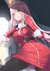 Rule 34 | 10s, 1girl, absurdres, black pantyhose, darling in the franxx, gloves, go-1, green eyes, hat, highres, horns, long hair, military, military hat, military uniform, pantyhose, pink hair, single horn, solo, uniform, white gloves, zero two (darling in the franxx)