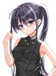 Rule 34 | 1girl, 3:, alternate costume, alternate hairstyle, bare arms, black hair, blue eyes, blush, breasts, closed mouth, commentary request, earrings, eyelashes, eyes visible through hair, floral flowlove, frown, hair between eyes, hand on own hip, hand up, highres, jewelry, long hair, looking at viewer, medium breasts, ncontrail (mgax7527), necklace, playing with hair, ponytail, ribbed sweater, sidelocks, sleeveless, solo, star (symbol), star earrings, star necklace, straight hair, sweater, tokisaka nanao, tsurime, upper body, very long hair