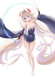 Rule 34 | 1girl, absurdly long hair, absurdres, backless outfit, bare legs, bare shoulders, barefoot, blonde hair, blue eyes, blue leotard, breasts, breasts apart, bridal gauntlets, closed mouth, collarbone, covered navel, ehart, elf, floating hair, flower, full body, hair between eyes, hair flower, hair intakes, hair ornament, highres, leotard, long hair, looking at viewer, magic, original, pointy ears, simple background, small breasts, solo, thick eyelashes, thigh gap, thighs, very long hair, white background, wide sleeves