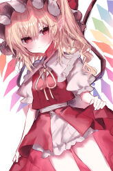 Rule 34 | 1girl, absurdres, blonde hair, bloomers, breasts, collared shirt, cowboy shot, dutch angle, flandre scarlet, frilled shirt collar, frilled sleeves, frills, hair between eyes, hat, highres, long hair, looking at viewer, mob cap, multicolored wings, neck ribbon, one side up, orange ribbon, puffy short sleeves, puffy sleeves, red eyes, red skirt, red vest, ribbon, rori82li, shirt, short sleeves, skirt, small breasts, solo, touhou, underwear, vest, white background, white bloomers, white hat, white shirt, wings